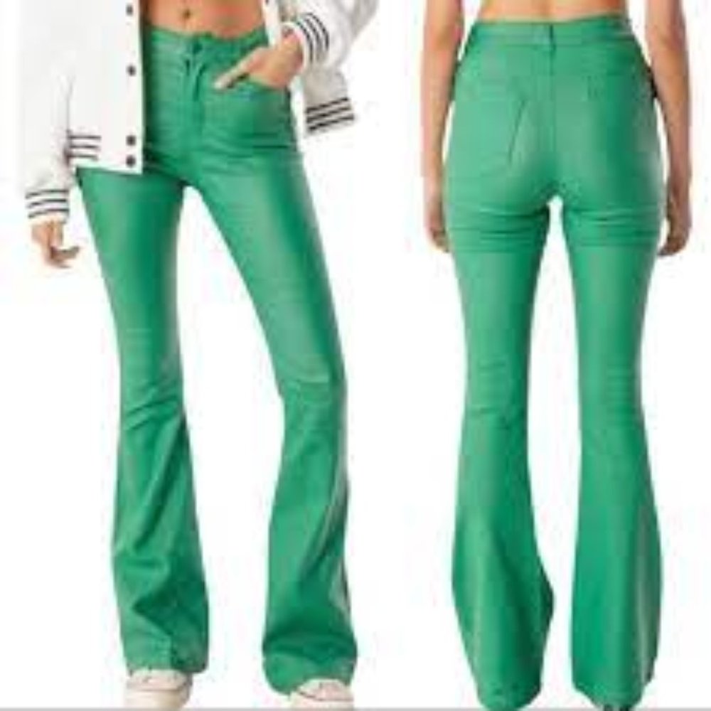 Edikted Green Flare Leather Pants
